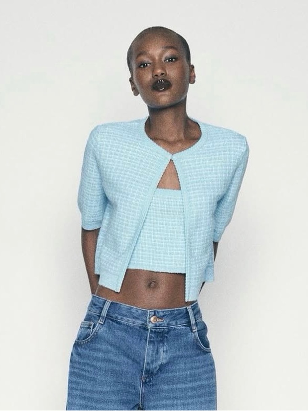 Zara Cropped Knit Cardigan and Top Set in Blue